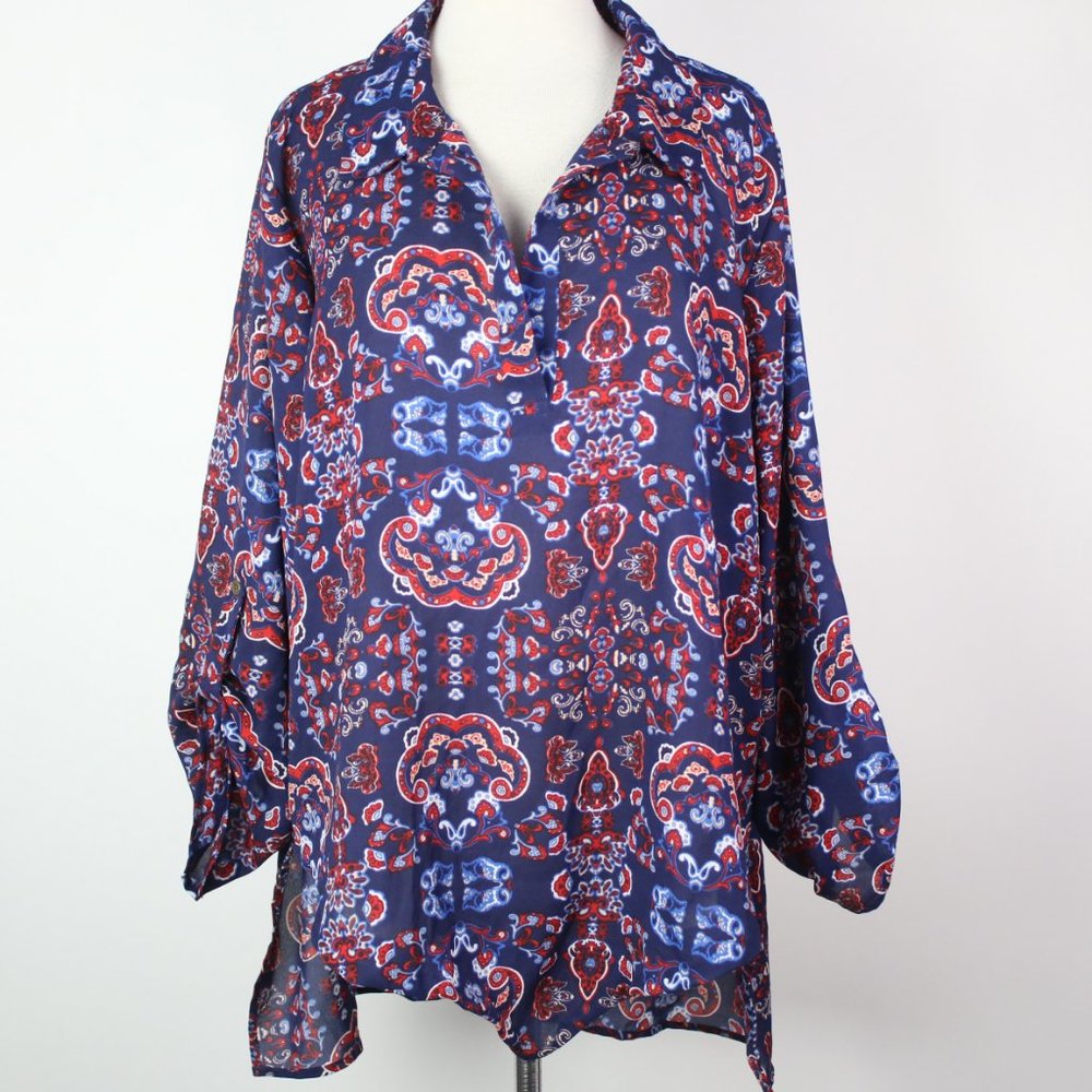 Derek Heart Womens 2X Paisley Roll Tab Popover Blouse Top